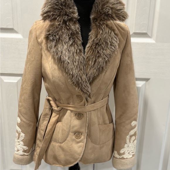 INC FAUX SUEDE & FUR BELTED JACKET WITH EMBROIDERED SLEEVES BEIGE SIZE S - Picture 6 of 9
